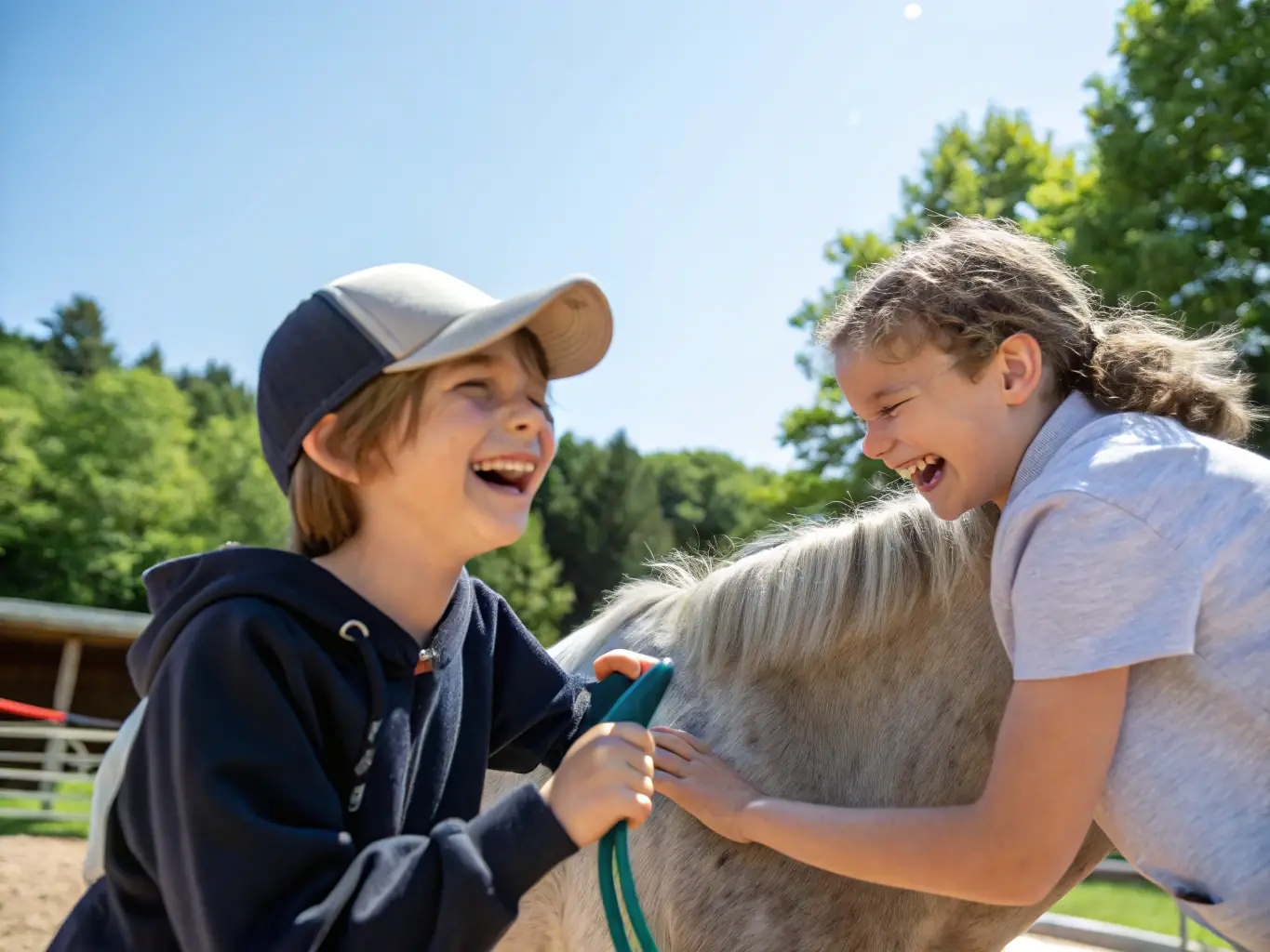 Children are happily grooming and interacting with horses in a stable setting, emphasizing the fun and educational aspects of the camp.
