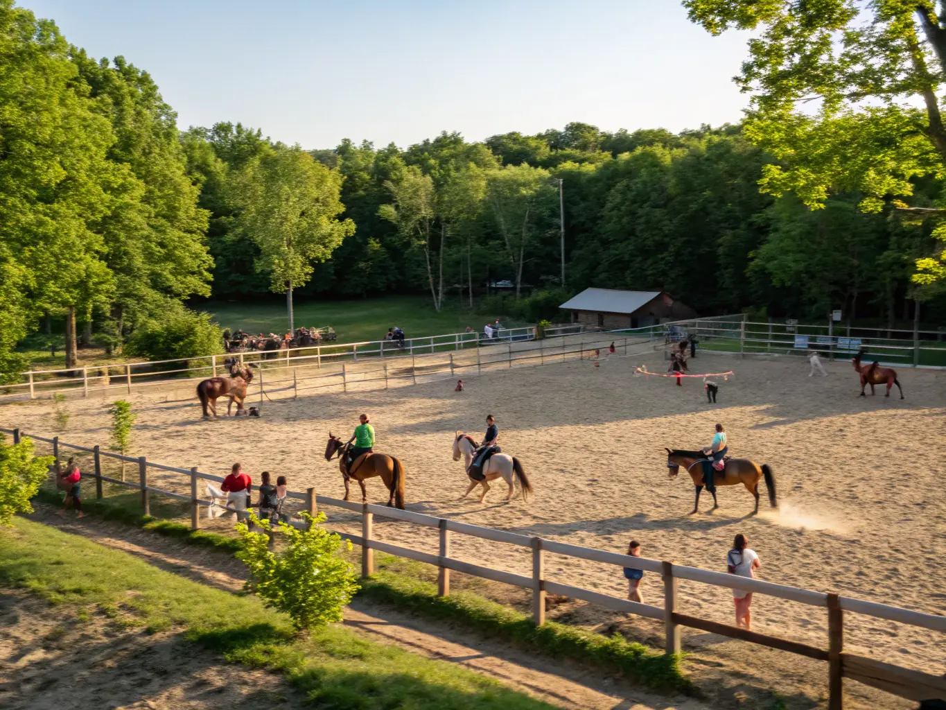 A diverse group of riders participating in a friendly equestrian competition at ECURIE-MOULIN, showcasing the camp's vibrant community.