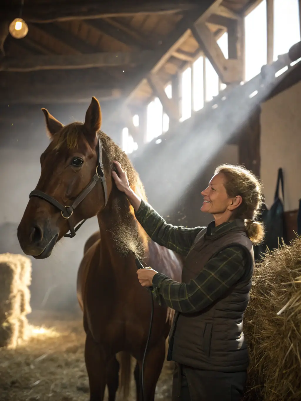 Participants learning about horse care and grooming during a horsemanship workshop at ECURIE-MOULIN, with a focus on hands-on experience.