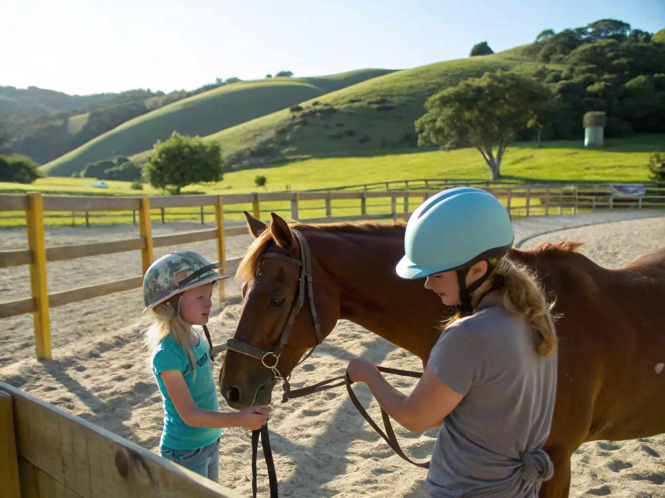 A young rider is confidently trotting on a horse in an outdoor arena, with an instructor providing guidance. The scene is bright and focused on skill development.