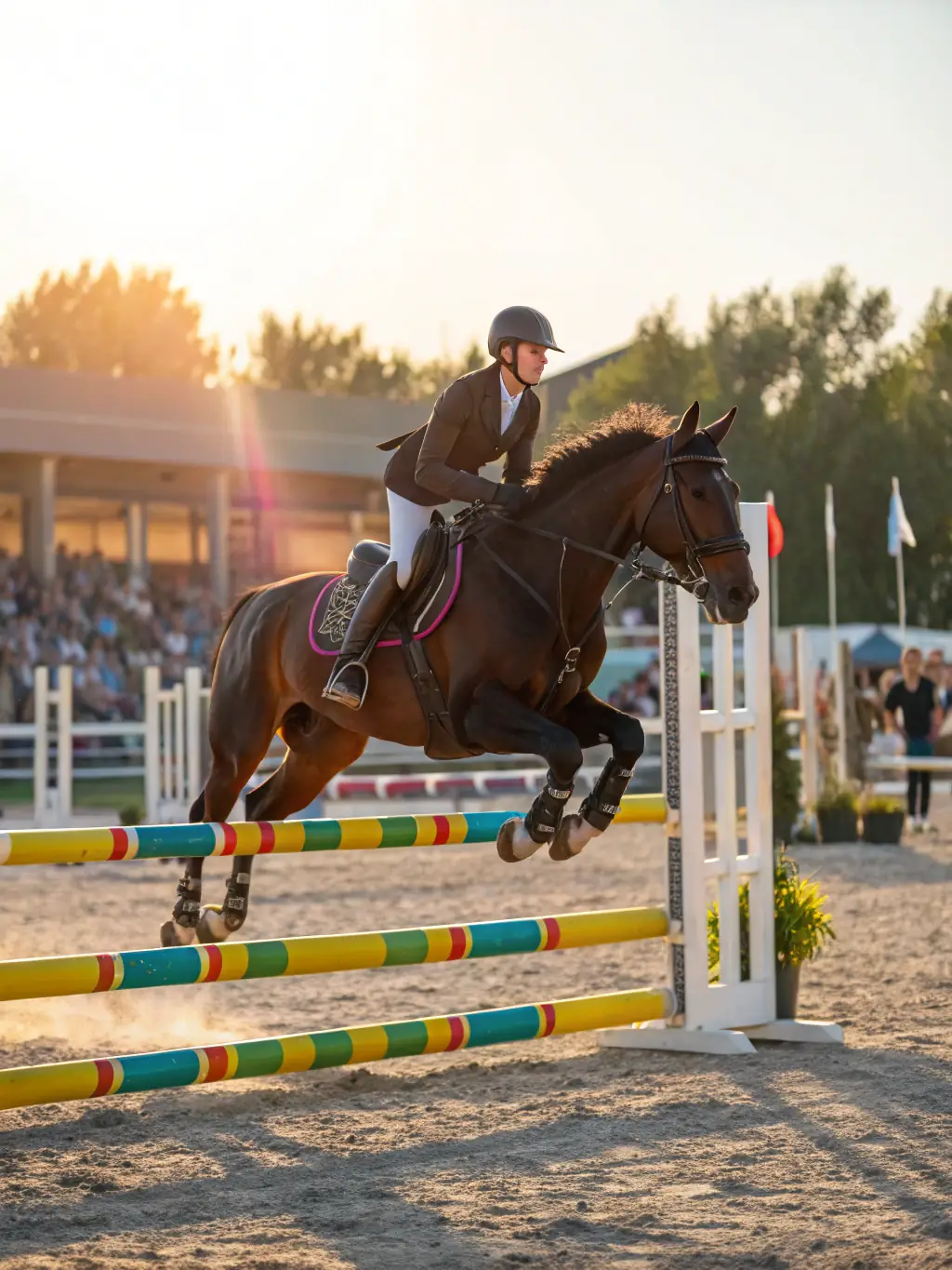 A young rider confidently guiding a horse through a series of jumps in a sunny outdoor arena at ECURIE-MOULIN, showcasing the jumping program.