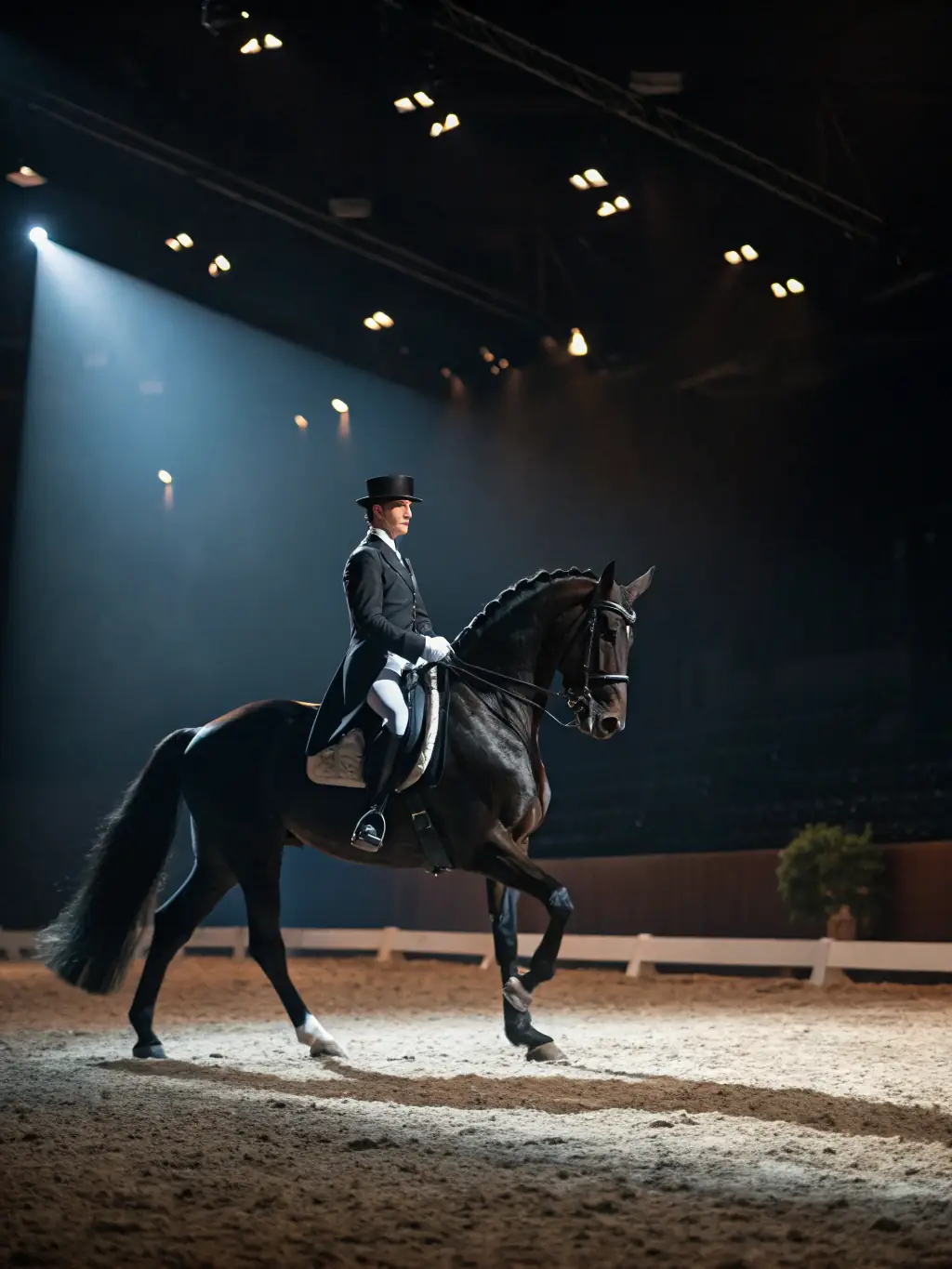 A rider practicing dressage movements in an indoor arena, demonstrating precision and control during a dressage training session at ECURIE-MOULIN.