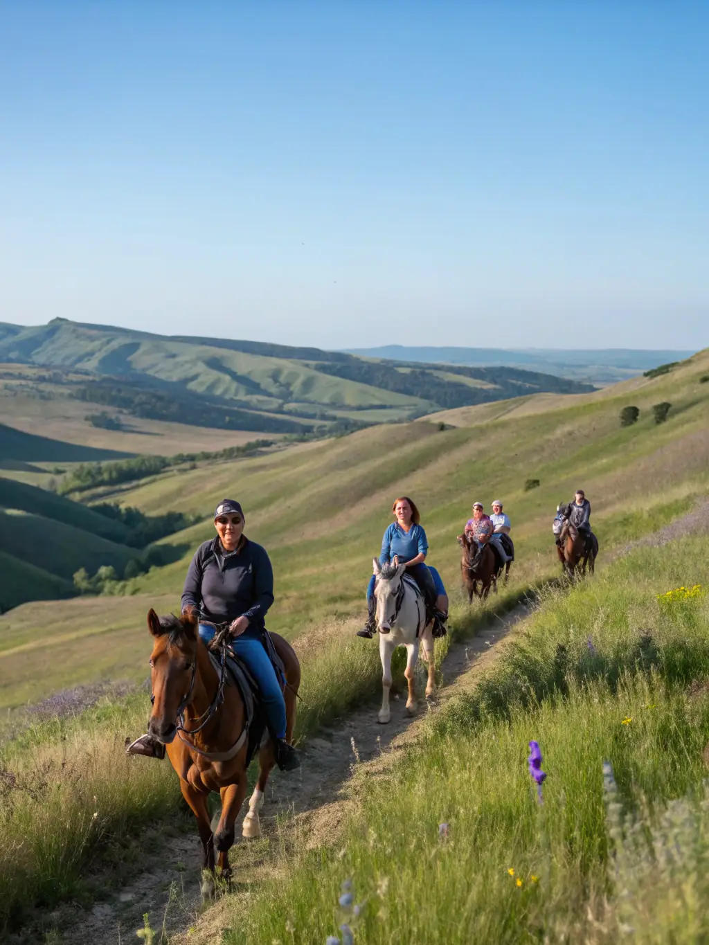 A scenic trail ride with riders of varying ages enjoying the countryside around ECURIE-MOULIN on horseback during a guided tour.