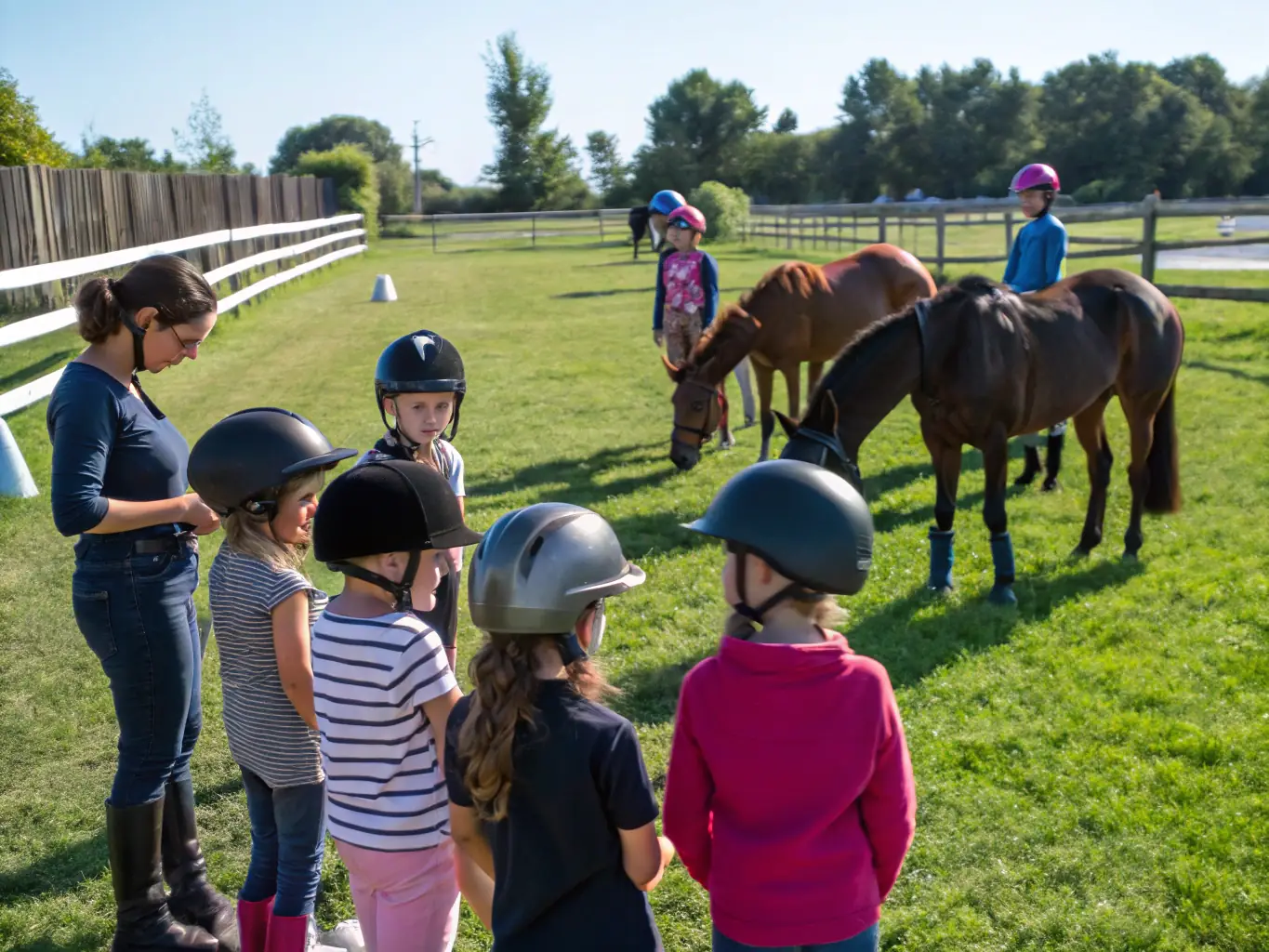 A group of happy children learning to ride horses in a safe, enclosed arena at ECURIE-MOULIN, with instructors providing guidance.